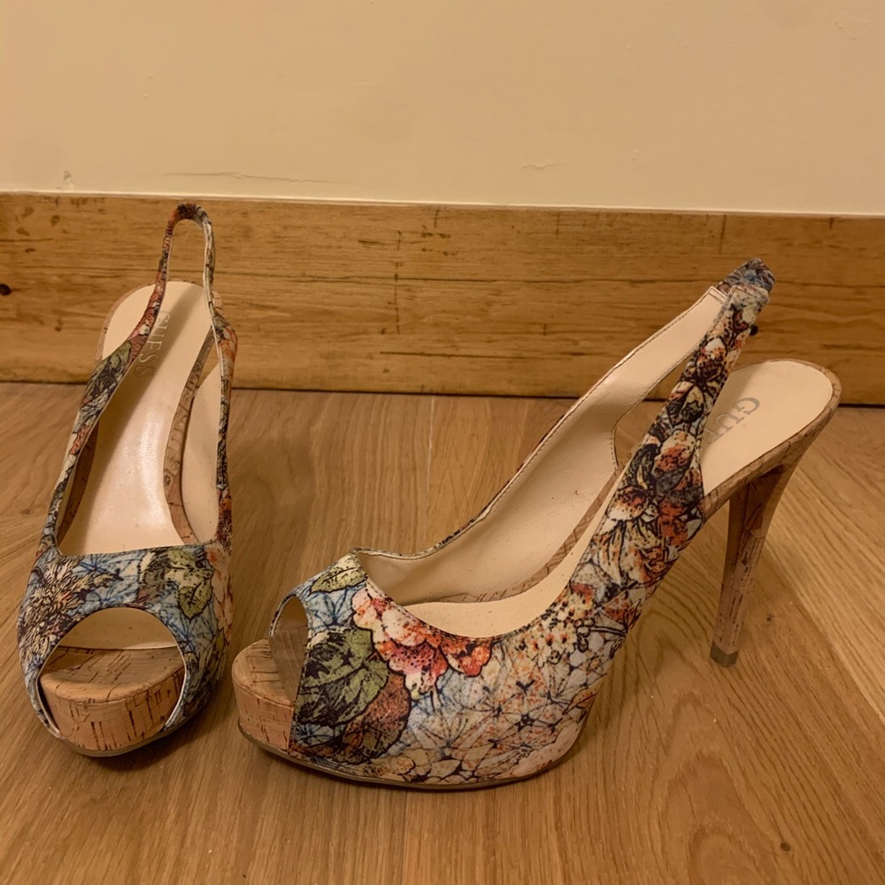Floral/Cork Guess sling back heels size 8.5